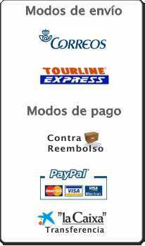 
	Modos de Pago
	
	
	Pago Contra reembolso: Se env&iacute;an por Correos o Courier (** solo pen&iacute;nsula) contra reembolso abonando el total del pedido m&aacute;s los gastos de env&iacute;o al