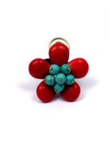 ZAS robapinzas.com | anillo flor piedras, realizado a mano en colores tirquesa coral y blanco, regulable a todas las tallas, aro de algod&oacute;n encerado