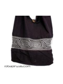ZAS robapinzas.com | Bolso de algod&oacute;n grande, bandolera, con bolsillo interno colores lisos decorados con cuerda dibujos geom&eacute;tricos, cierre bot&oacute;n de madera