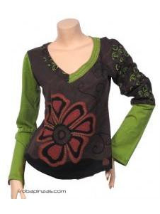 ZAS robapinzas.com | 
	camiseta Flor, manga larga, cuello bicolor V
