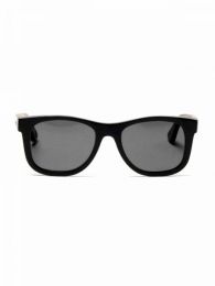 ZAS robapinzas.com | gafas de sol de madera root. montura de madera bamboo negro bicolor y lentes grises tac polarizadas protección uv400, incluye funda de yute, embalaje de cartón y gamuza root. medida frontal: 14,2x5cm (ancho-alto