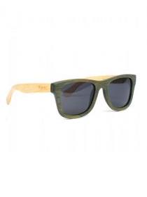 ZAS robapinzas.com | gafas de sol de madera root. montura de madera bamboo verde bicolor y lentes grises tac polarizadas protección uv400, incluye funda de yute, embalaje de cartón y gamuza root. medida frontal: 14,2x5cm (ancho-alto