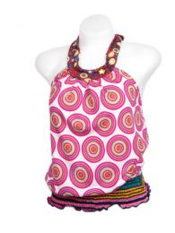 ZAS robapinzas.com | top estampado de circulos de colores estilo retro con goma en cadera y nudo al cuello, talla unica