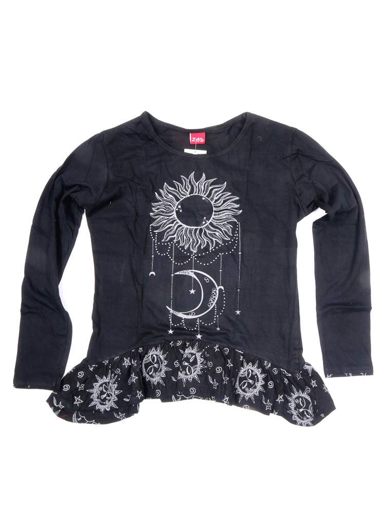 Camiseta mujer sol y luna con volante bajo CAEV51 color Negro