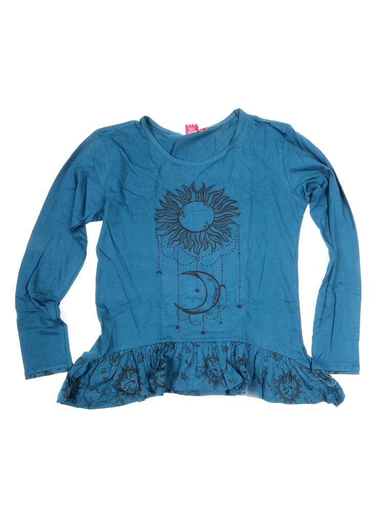 Camiseta mujer sol y luna con volante bajo CAEV51 color Azul