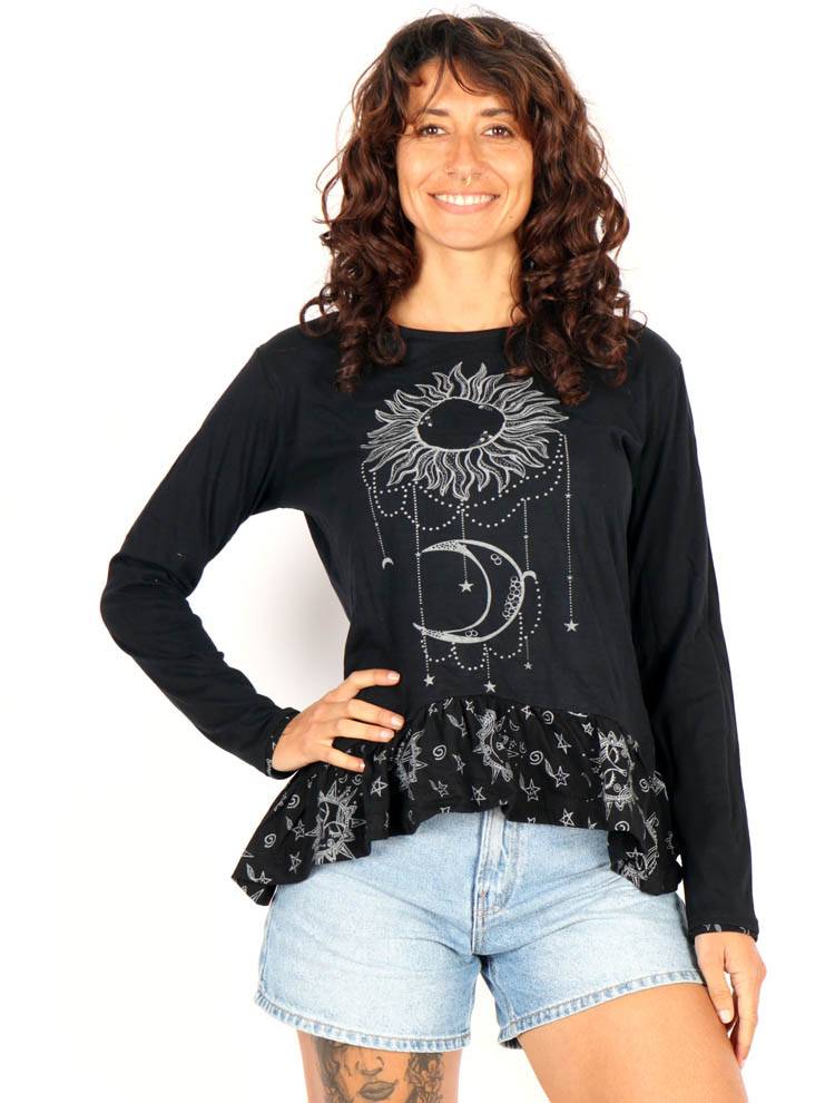Camiseta mujer sol y luna con volante bajo CAEV51
