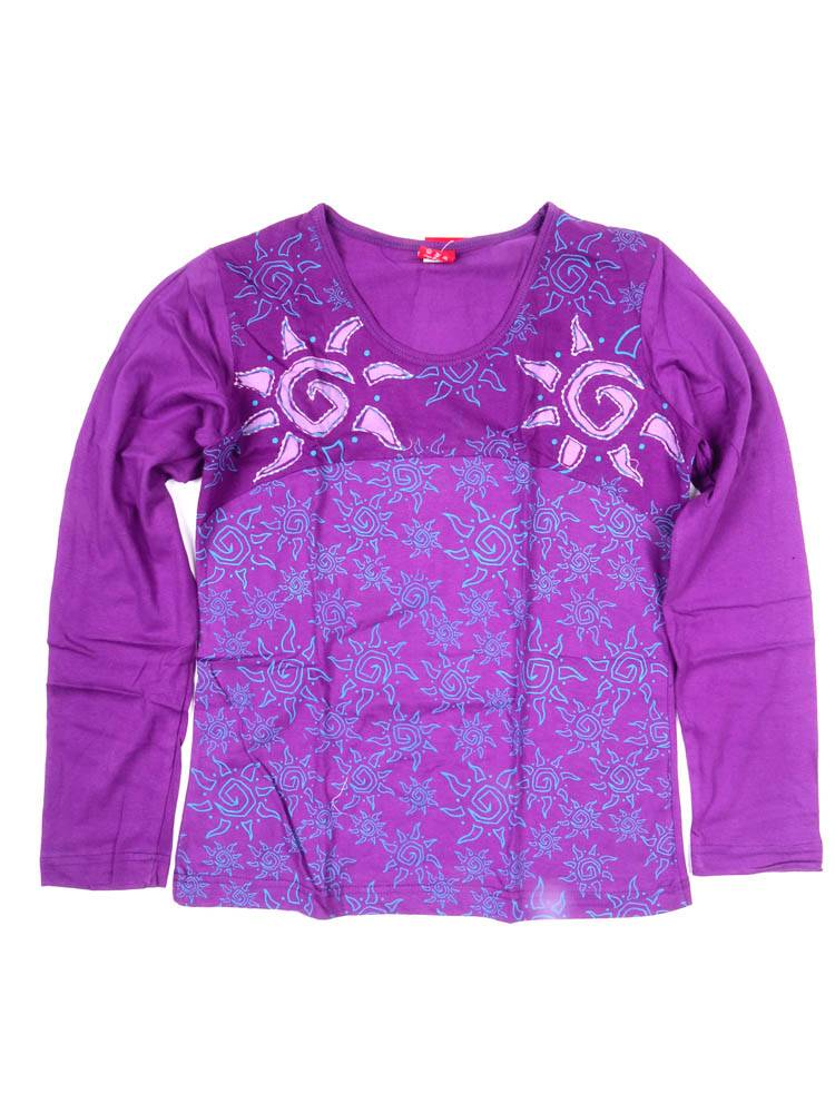 Camiseta de mujer con sol tribal y crochét CAEV56 color Morado