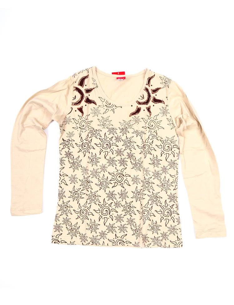 Camiseta de mujer con sol tribal y crochét CAEV56 color Crema