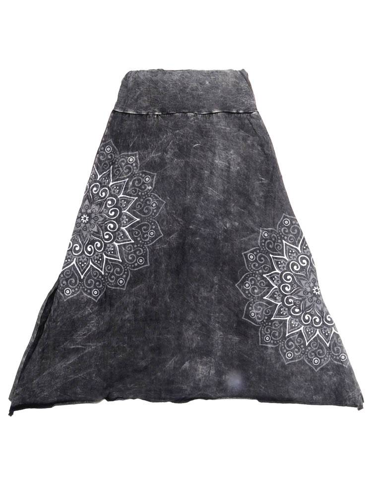 Falda Larga Asimétrica con Estampado Mandala FAEV27B color Negro