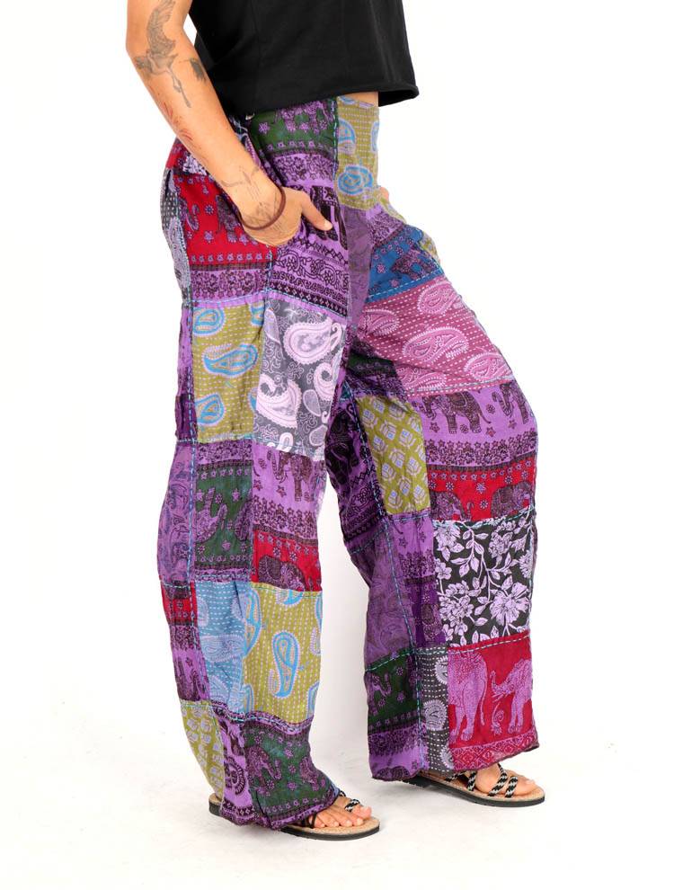 Pantalón patchwork amplio en tonos violeta y azul PAEV78