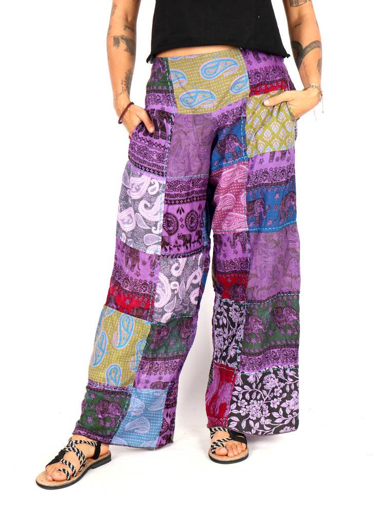 Pantalón patchwork amplio en tonos violeta y azul PAEV78