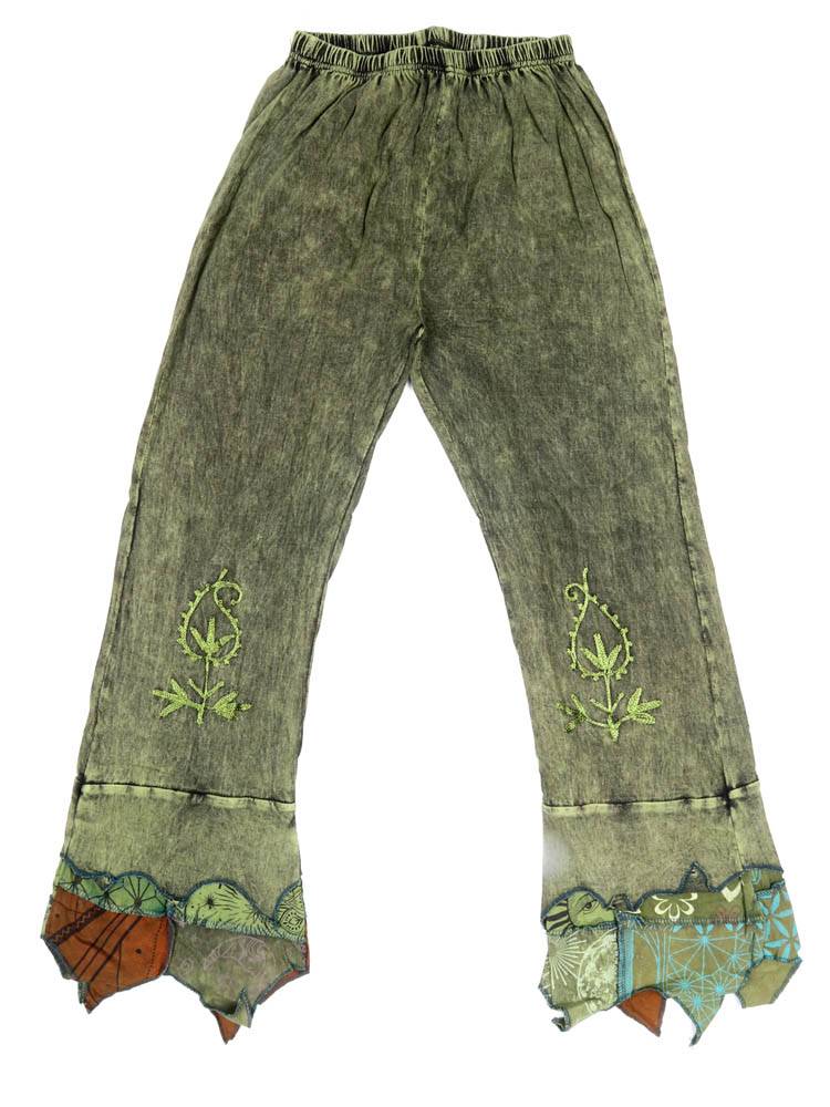 Pantalón artesanal con bajo patchwork y bordado PAEV80 color Verde