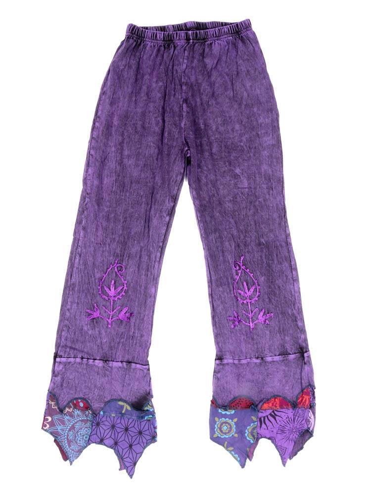 Pantalón artesanal con bajo patchwork y bordado PAEV80 color Morado