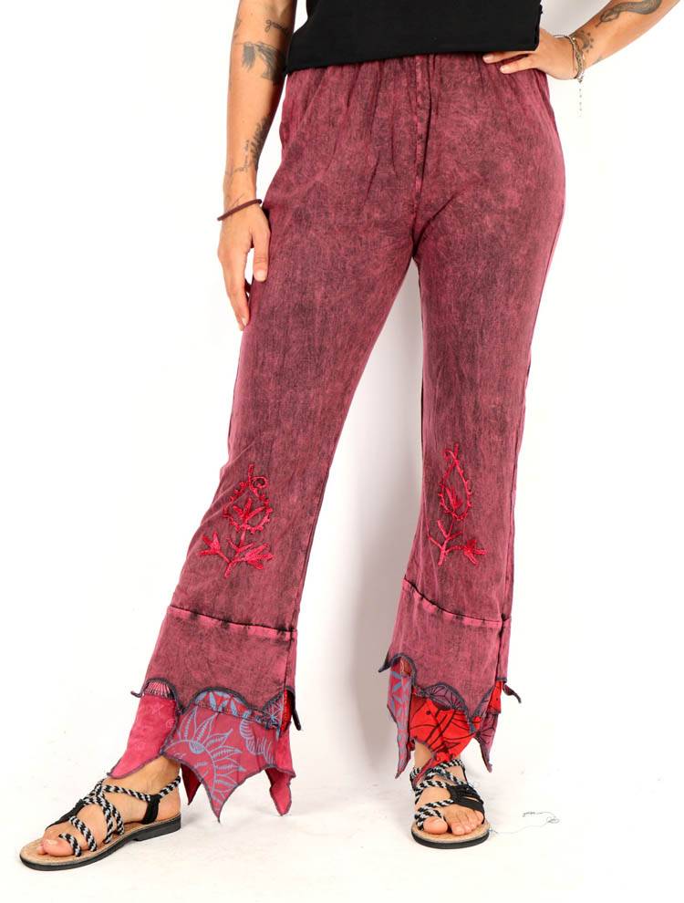 Pantalón artesanal con bajo patchwork y bordado PAEV80