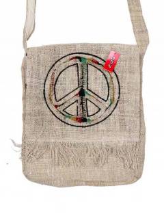 ZAS robapinzas.com | Bolso hippie de flecos fabricado 100% con Cáñamo - Hemp natural del himalaya motivo Peace, con varios bolsillos compartimentos, forro interno, bandolera regulable. 