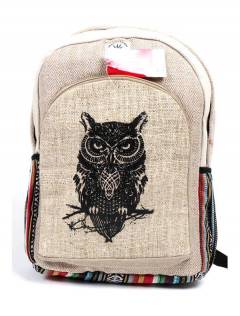 ZAS robapinzas.com | Mochila fabricada con Cáñamo - Hemp natural de los himalayas y algodón combinado, con varios bolsillos compartimentos, forro interno, tamaño grande y gran capacidad y resistencia. Motivo central estampado Buda, Buho y OM. Las bandoleras son regulables, fabricado con Cáñamo de Nepal.