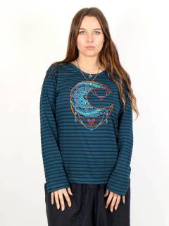Camiseta de Rayas con Luna Bordada,  para comprar al por mayor o detalle  en la categoría de Ropa Hippie de Mujer Artesanal | ZAS. [CAEV17]
