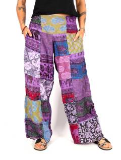 Pantalón patchwork amplio en tonos violeta y azul, para comprar al por mayor o detalle.[PAEV78]