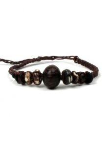 Pulsera de macramé  de algodón encerado intercalando cuentas de hueso y bola grande de madera, para comprar al por mayor o detalle.[PUCH2-J]