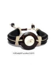 ZAS robapinzas.com | Pulsera de Cuero adornos cordón, motivo Ojo de Shiva sobre coco.