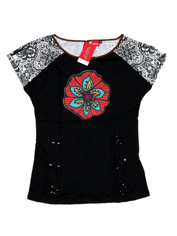 Modelo: Negro Camisetas y Tops Hippies - Top con troquelado de hojas TOUN60 - Modelo Negro