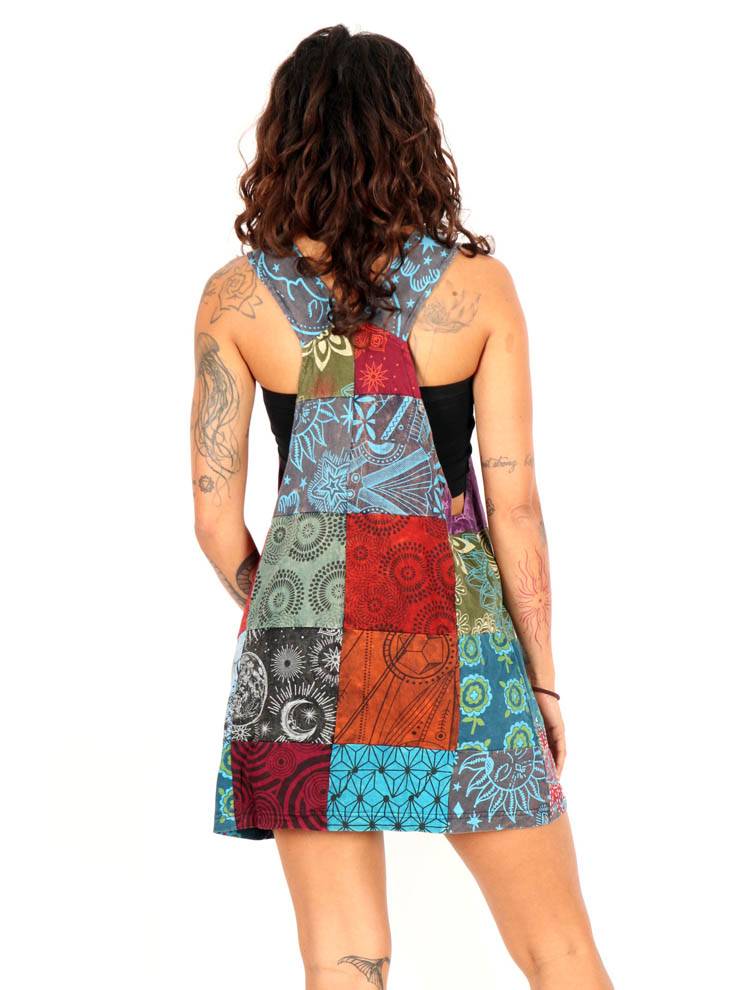 Vestido Corto Patchwork Estampado y Luna Bordada VEEV32