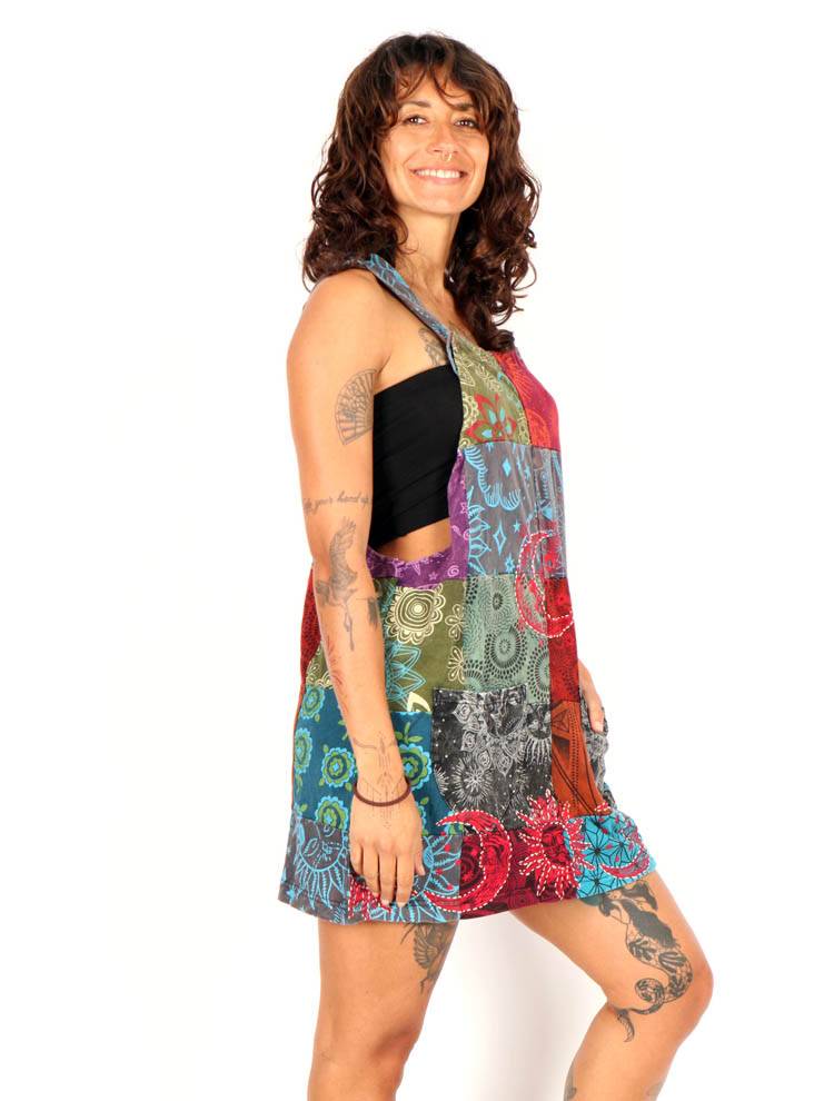 Vestido Corto Patchwork Estampado y Luna Bordada VEEV32