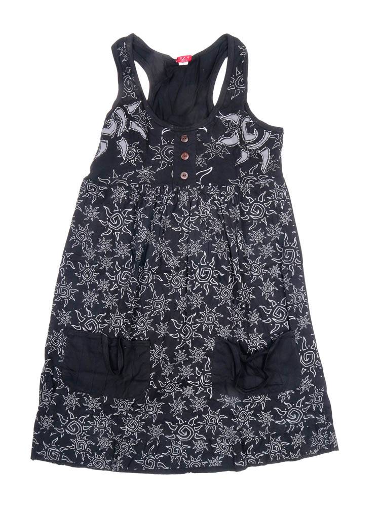 Vestido Boho con Bolsillos y Detalles Étnicos VEEV45 color Negro